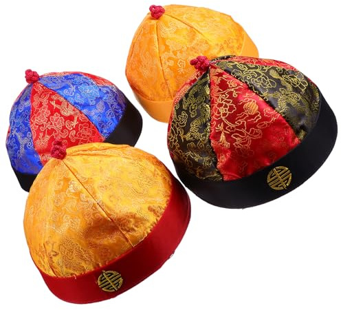 GALPADA Lot de 4 Chapeaux Cosplay Vintage Taille 9 en Tissu Brocart avec Tresses, Chapeaux Traditionnels Chinois pour Déguisement Carnaval et Accessoires de Performance