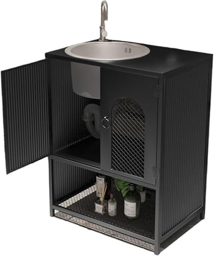 Mobile da bagno con lavabo, mobile autoportante in stile industriale, ante e ripiani aperti, struttura in ferro battuto