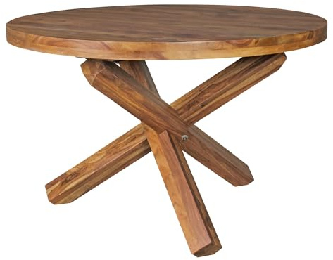 FineBuy Esstisch Rund 120 cm Sheesham Massivholz mit Kreuzgestell | Esszimmertisch für 4 Personen im Landhausstil, Küchentisch aus Echtholz mit Schutzlack, handgefertigt