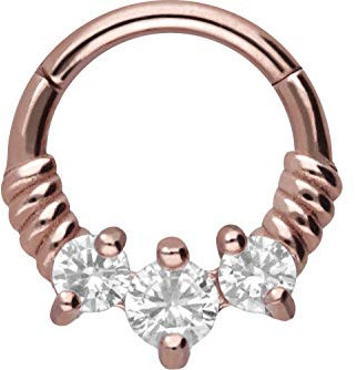 PIERCINGLINE Chirurgenstahl Segmentring Clicker GEDREHT + 3 KRISTALLE Piercing Ring Nase Septum Ohr Helix Tragus Roségoldfarben