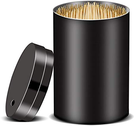 YIFOCUS Dispensador de palillos de dientes de metal de acero inoxidable, contenedor de palillos de dientes con 500 palillos redondos de bambú para aperitivos y para cocina (negro)