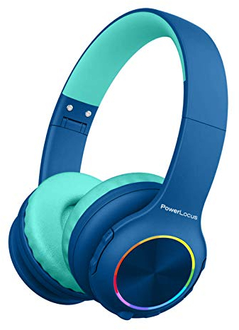 PowerLocus Cuffie Bluetooth pieghevoli senza fili per bambini con luci LED, HD Stereo, USB-C Ricarica Rapida, Micro integrato, SD Modalità e cablata per iPhone/Tablet/TV