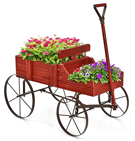 COSTWAY Blumenständer Holzwagen Pflanzwagen Blumenwagen mit Metall Rädern Blumenkasten Pflanzenständer für Garten und Terrasse 35x63x62,5cm (Rot)