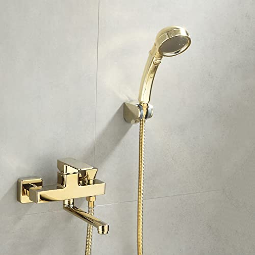 Mischbatterie Badewanne mit Brauseschlauch Badewannenarmatur Wandmontage Messing Heiß Wasser und Kalt Wasser Multifunktions Wasserhahn Badewanne Gold-B