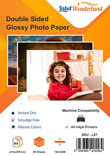 Pack of 50 A4 Photo Paper Glossy Double Sided 140 GSM (210mm x 297mm) Photo Paper for Printers LabelWonderland