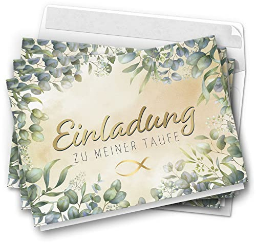 10 Einladungskarten Taufe - Motiv Eukalyptus modern - moderne Klappkarten mit Umschlägen - Einladungen zu Taufe Kirche Einladung Karten