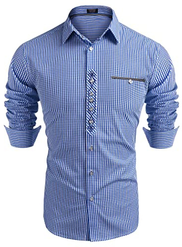 COOFANDY Chemise Homme à Carreaux Oktoberfest Chemise Traditionnelle Coupe Classique Chemises à Carreaux Loisirs Chemise à Carreaux Haut Coton pour Homme Chemise Bavaroise Bleu Ciel 3XL