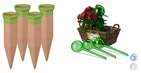 Relaxdays Tonspitzen Bewässerung, 4er Set, Gießkegel für 1,5 l PET Flaschen, für Balkonkästen & Topfpflanzen, terrakotta & Bewässerungskugeln, 4er Set, Dosierte Bewässerung, 2 Wochen