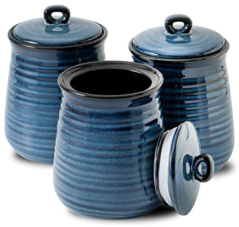 HASENSE Ceramic Food Storage Jars Set of 3,25 FL OZ Kitchen Canisters with Airtight Lids, Coffee,Tea and Sugar Containers, Farmhouse Decor for Kitchen, Blue
