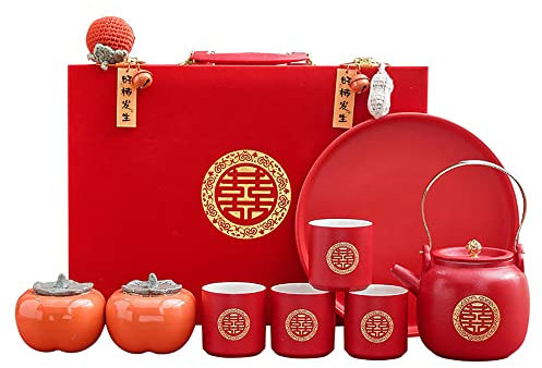 Set di tè da sposa rosso in porcellana doppia felicità, teiere particolari di design di cachi, forniture tradizionali cinesi per decorazioni di nozze, set di tè di nozze creativo