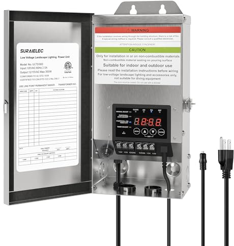 SURAIELEC 300W Landscape Transformer (12V/15V AC), Outdoor Low Voltage Transformers for Landscape Lighting, Detachable Photocell Sensor & Digital Timer, Stainless Steel, ETL Listed