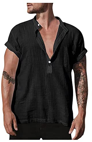 T Shirts Männer Leinen Sweatshirt Henley Kurzarm T Shirts Sommer Freizeit Slim Fit Günstig Kleider Basic Modern Regular Shirts Kleidung Clothes Outfits Schwarz S