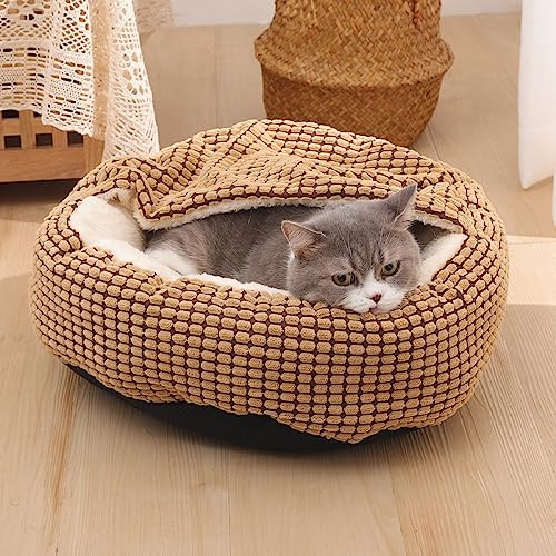 Nyescasa Hundebett Kissen Katzenbett Katzenschlafplatz Hundesofa Katzensofa Hundecouch Hundematte mit Kapuze Flauschiges Waschbar Runde für Mittelgroße Grosse Katzen Hunde Runde Braun 70 * 70 * 22cm