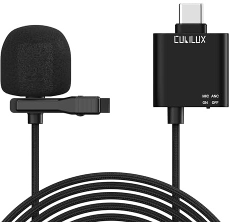 Cubilux Microfono lavalier USB C ANC, cancellazione attiva del rumore tipo C microfono lavalier bavero per Vlog, YouTube TikTok Creator, compatibile con iPad Pro, iPad 10, iPad Air 5/4, Samsung