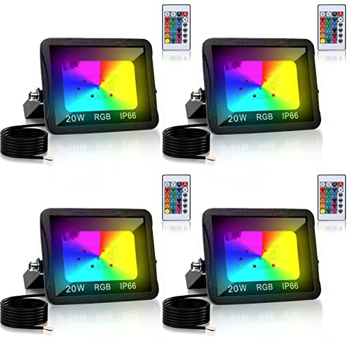 Herrselsam RGB LED Strahler 20W, RGB LED Fluter mit Fernbedienung LED Strahler Außen Dimmbar mit 16 Farben 4 Modi, IP66 Wasserdicht, RGB fluter für Party, Garten, Stimmungslicht (4 Stück)