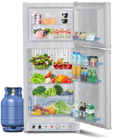 Techomey Frigo Gaz, 175L(129+46), Frigo Congélateur Combiné Gaz/220V, Réfrigérateur Congélateur Camping Gaz, Silencieux pour Gîte, Garage, Cabanon, Chalet, Mobile-home, Blanc