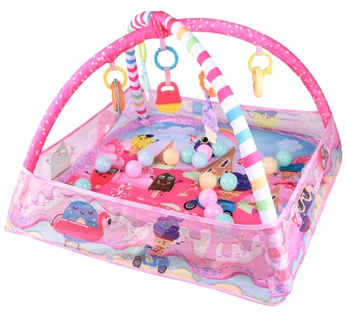 Bebamour Baby Playmats Floor Gyms from Birth, 18 Balls, 5PCS Hanging Toys, Soft Baby Play Activity Gym Playmats Floor Gyms for 0-24Months (Pink)