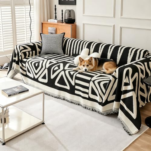 VanderHOME Chenille Sofa Überwurfdecke 3 Sitzer, Boho Doppelseitig Sofadecke mit Fransen, Verschleißfeste Dekorativ Decke, Kann als Sofa Cover, Sofa Überzug, Sofaschoner 180 * 280cm-Schwarz