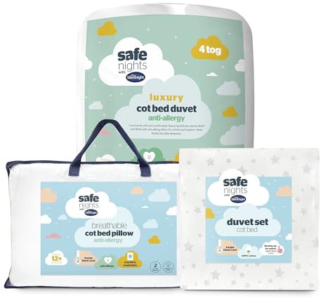 Silentnight Safe Nights Luxury Bed Set – Anti Allergy 4 Tog Cot Bed Duvet, Luxury Breathable Toddler Pillow and 100% Cotton Cot Bed Duvet Cover Set – Grey Stars