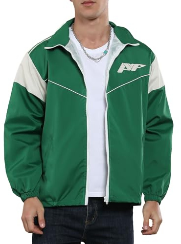 Yimoon Men's Lightweight Windbreaker Jacket Casual Zip Up Outdoor Varsity Jacket Patchwork Vintage Y2K Outerwear(Green-XL)