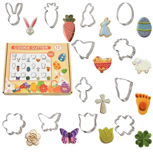 12 Pieces Easter Cookie Cutters Set,Stainless Steel Biscuit Sets,Easter Egg, Bunny Face, Rabbit, Carrot,Butterfly, Flowers,Cross, Leaves,Sheep,Foot Print,Chick