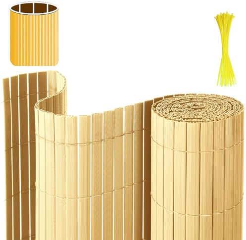 Eulenke PVC Sichtschutzmatte, 180 x 500cm DREI Rippenverstärkungen Sichtschutzzaun mit Kabelbindern, Windschutz Balkon Sichtschutz für Zaun Garten Terrasse, Bambus