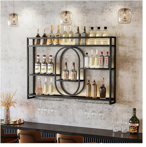 AKOGG Wall Mounted Wine Rack With LED Light,Metal Floating Shelves Featuring Hanging Wine Glass Holder,Liquor Bottle Display Shelf,Large Capacity Storage,For Bar,Wine Cellar,Kitchen Decor,Black/Gold (