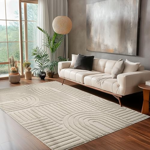 Carpettex Kurzflor Hochtief Teppich 300x400 (280 x 370 cm) Beige - Skandi-Look 3D Effekt Boho Muster Waschbar Flauschig für Wohnzimmer, Schlafzimmer, Esszimmer und Küche