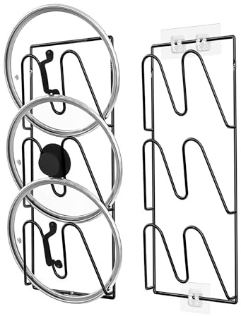 sousac V-Wall Pot Lid Holder, 2 Pack, Black | Pot Lid Organizer for Cabinet or Wall/Door Kitchen Storage, No-Drill Adhesive Mount Pot and Pan for Thick Lids