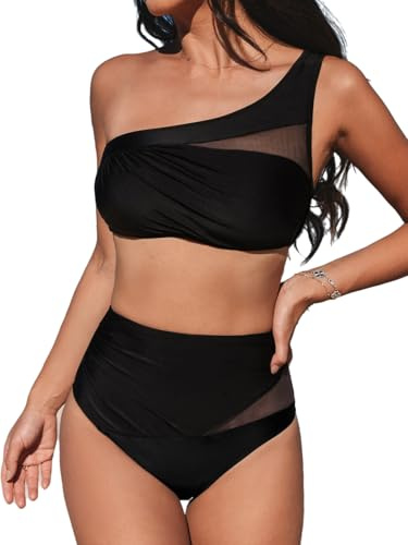 CUPSHE Damen Bikini Set One Shoulder Sheer Netzstoff High Waist Bikini Asymmetrische Bademode Zweiteiliger Badeanzug Swimsuit Schwarz S
