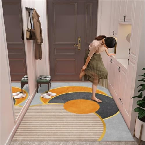 RUGMRZ Teppich Unter Esstisch 80x150CM Für Küche Schlafzimmer groß orange Grauer, moderner, pflegeleichter Flurteppich mit geometrischem Muster