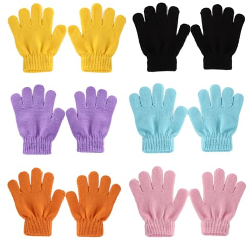 Irunfast Kids Winter Magic Gloves - 6 Pairs Soft, Warm Full Finger Gloves for Aged 3-10 Years Old - Cycling, Playing, Travelling
