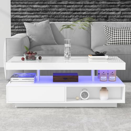 KOMHTOM Table Basse LED Moderne avec tiroirs et Compartiments de Rangement Ouverts, Petite Table Basse Blanche Meuble de Salon (Blanc)