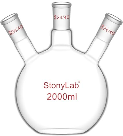 stonylab Fiole à Fond Plat à 3 Cols, Verre Borosilicate, Joint Standard 24/40, Fiole de Réaction de Laboratoire de Chimie, Capacité 2000 ml