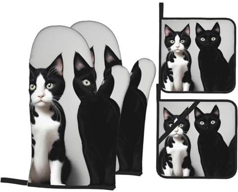 YYHHAOFA Set di quattro pezzi da cucina con motivo gatti bianchi e neri, guanti da forno isolati e presine, spessi e resistenti