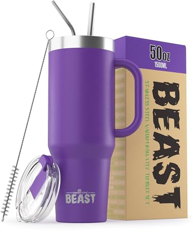 Beast Tumbler with Handle - 1500 ml (50 oz), Deep Purple | Reusable Stainless Steel, Vacuum Insulated Cup | with + 2 Straws & Cleaning Brush | Double Wall Travel Flask Perfect for Hot or Iced Coffee