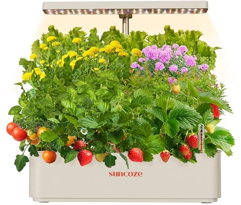 SUNCOZE Hydroponics Growing System Kit 12 Pods, 24W LED Grow Light Indoor Garden, 4L Water Tank with Quiet Pump, Adjustable Height Herb Garden Planter Indoor Kit, Gardening Gifts, Beige