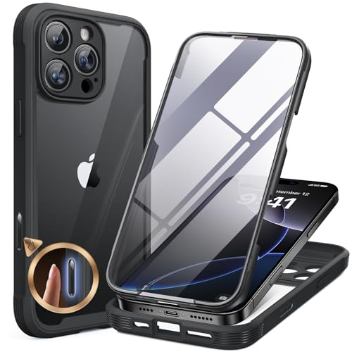 Miracase Glass Case for iPhone 16 Pro Max Case 6.9-Inch,[Camera Control Button Covered] + [Built-in 9H Tempered Glass Screen Protector without Bubble] Full Body Bumper Clear Back Cover (Black)