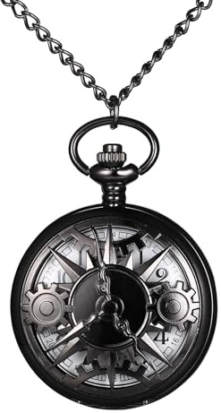 JewelryWe Retro Taschenuhr Vintage Schwarz Analog Quarz Herren Damen Uhr Anhänger mit Halskette Kette Kettenuhr Pocket Watch Geschenk