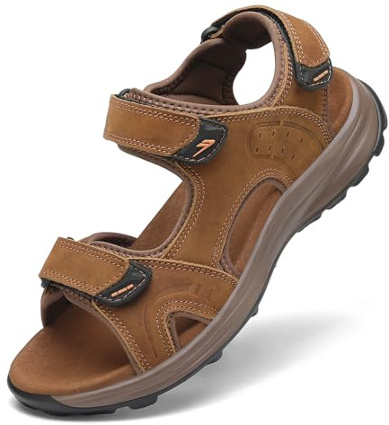 FLARUT Sandales Homme d'été pour Randonnée Chaussures de Marche | Cuir Véritable,Pointe Ouverte,Semelle Caoutchouc Antidérapante,PU Léger et Amortissant,Fermeture Autocollante