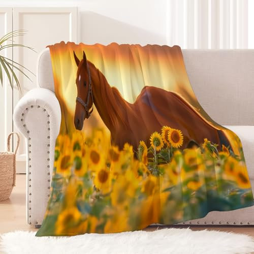 Sonnenblumenmeer Kuscheldecke Flauschig Decke 200 × 200 cm Fleecedecke Weich und Warme,3D Braunes Pferd Wohndecke Flanell als Sofadecke Couchdecke Tagesdecke