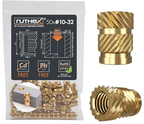 ruthex Gewindeeinsatz #10-32 UNF - 50 Stk. RX-10-32x9.5 BLEIFREIE Gewindebuchse aus Messing - stabile Einpressmutter - zum Einschmelzen einer Gewindehülse in 3D-Druck-Teile aus Kunststoff