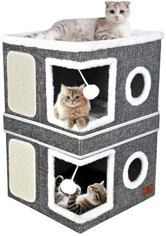 2-Story Cat House for Indoor Cats, Dual-Purpose Cave Bed with Scratch Pad and Fluffy Ball, Foldable Cat Hideaway, Cute Condo Furniture for Multi Small Pet Kitten, Grey