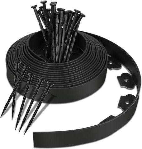 Hebitod Flexible Lawn Edging Plastic with 30 Ground Anchors for Anchoring, Flexible Flower Bed Edging, Root Barrier, Round Flower Bed Border, Length 10 m, Height 5 cm, Black