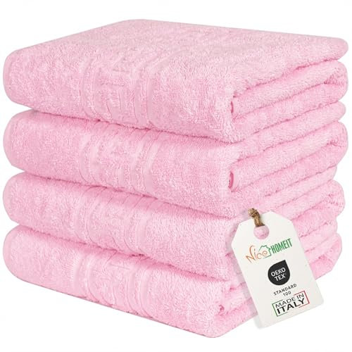 nice homeit Set in 4 Asciugamano in 100% cotone filato ad anello – Adatto sia per uso quotidiano che sportivo – Extra Morbidi e Assorbenti. MADE IN ITALY – 60 X 100CM (ROSA)