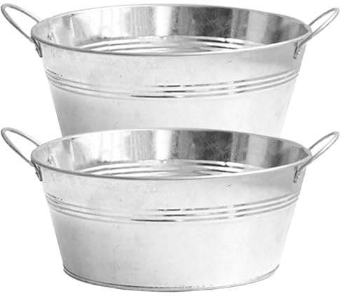 Gcroet Galvanised Planter 2Pcs Large Round Galvanised Tub with Sturdy Handles 9.76x4.33 Inch Metal Planter Zinc Tub for Planting, Drinks Cooler, Ice Bucket.
