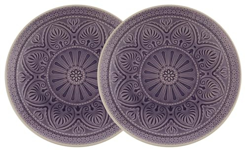 BUTLERS 2er Set Essteller Steinzeug - SUMATRA - Spülmaschinenfest | Farbe Violett - ø 25 cm - Speiseteller für Hauptgerichte & Beilagen - Servierteller für Snacks & Vorspeisen - Reliefdekor