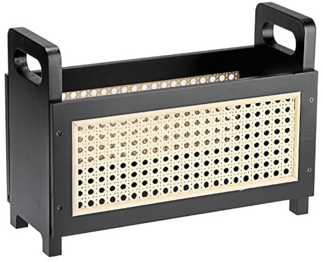 BSTKEY Wooden Magazine Holder File Storage Basket with Handle, Desktop Magazine File Rack Newspaper Mail Organizer for Home Office Waiting Room Living Room (Black)