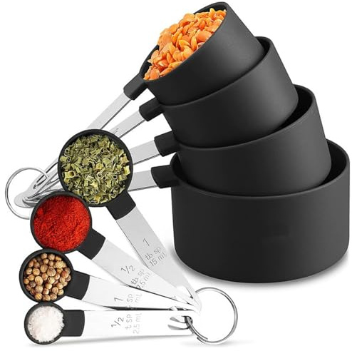DDUP 8 Pcs Measuring Cups and Spoons Set,Stackable Stainless Steel Handle Accurate Tablespoon for Measuring Dry and Liquid Ingredients,Small Teaspoon with Plastic Head for Cooking Kitchen (Black)