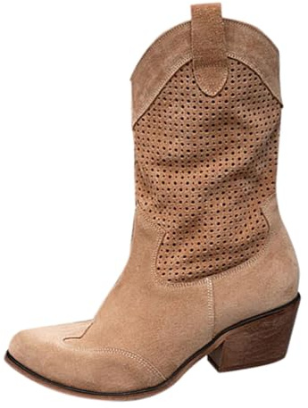 HOOUDO Stivali Texani Donna Cowboy Western Scarpe da Donna Punta Camperos Etnici Camperos Stivali con Tacco Western Traforati Stivaletti Texani a Punta Cowboy